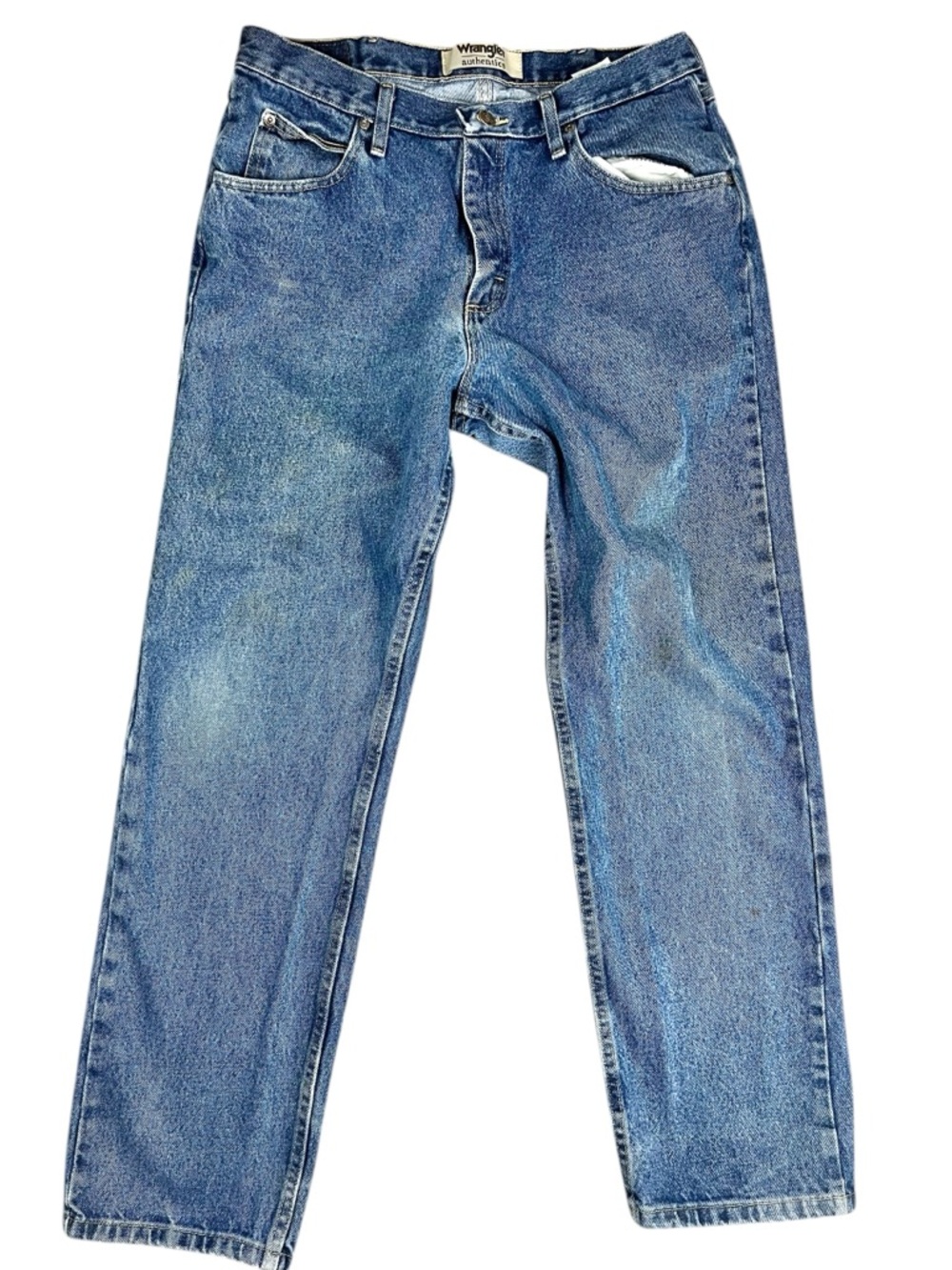 Wrangler Authentics Jeans Mens 34x32 Workwear Distressed Faded Blue Denim